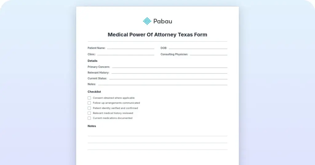 Medical Power of Attorney Texas Form preview from Pabau