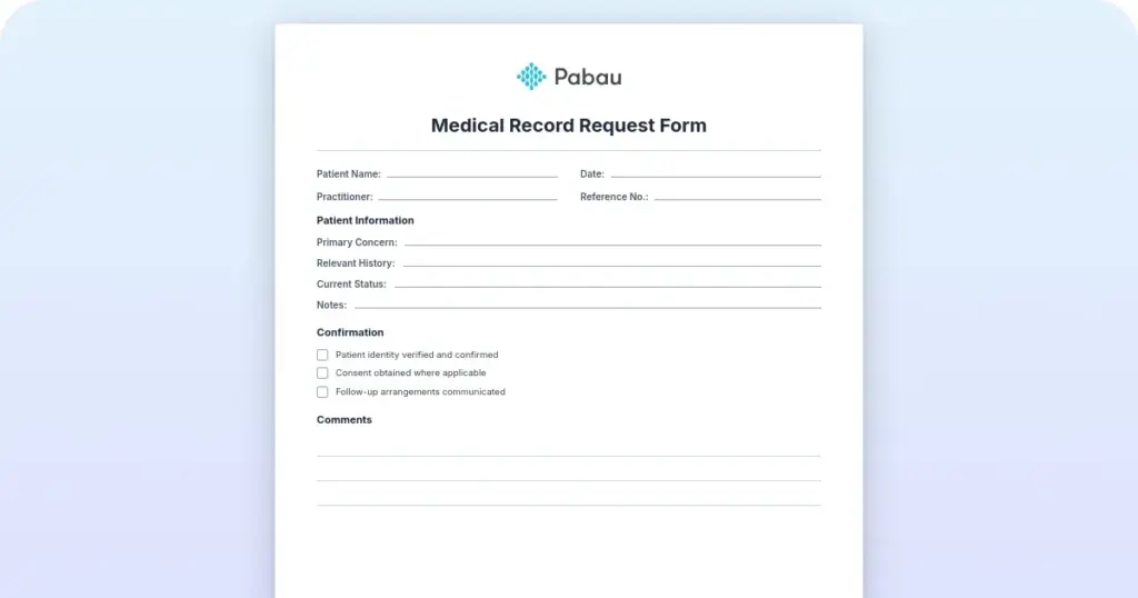 Medical record request form preview from Pabau