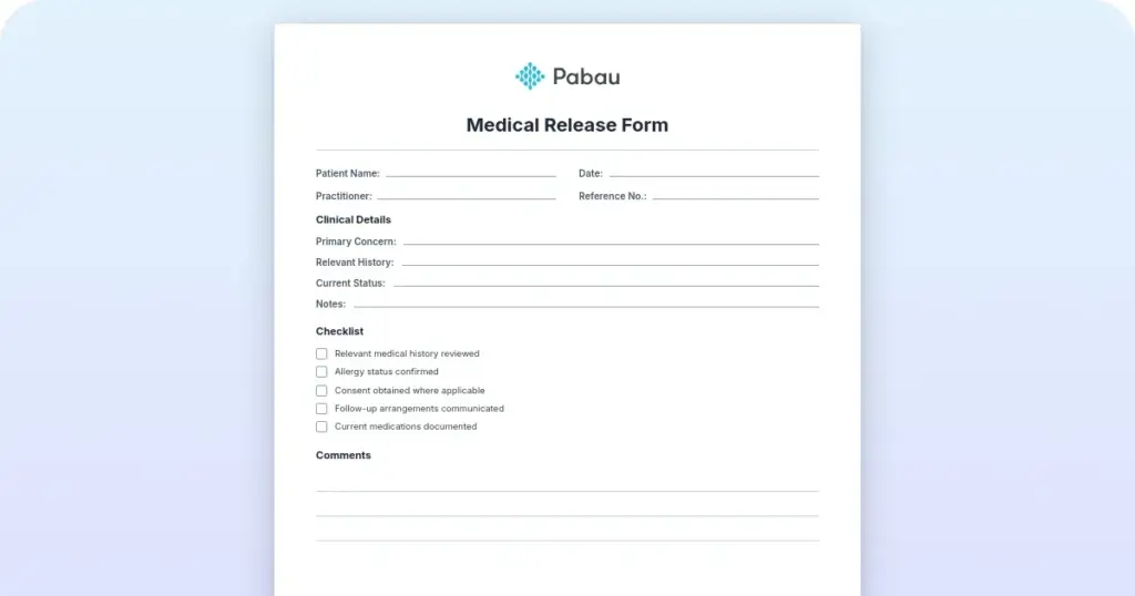 Medical release form preview from Pabau