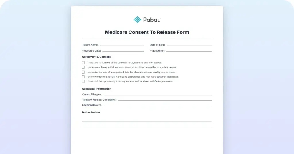 Medicare Consent to Release form: Free template preview from Pabau