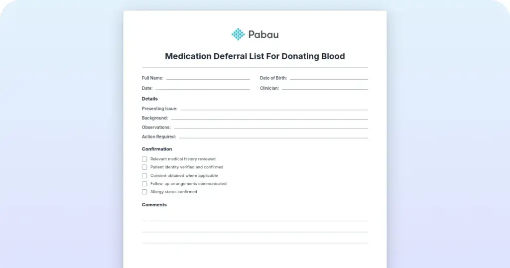 Medication deferral list for donating blood preview from Pabau
