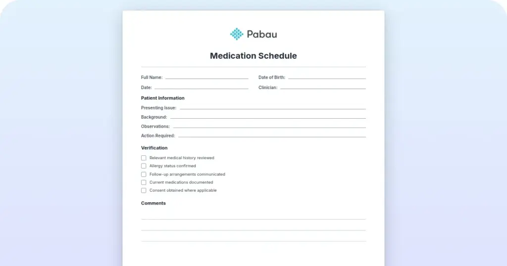 Medication schedule template: Free printable form preview from Pabau