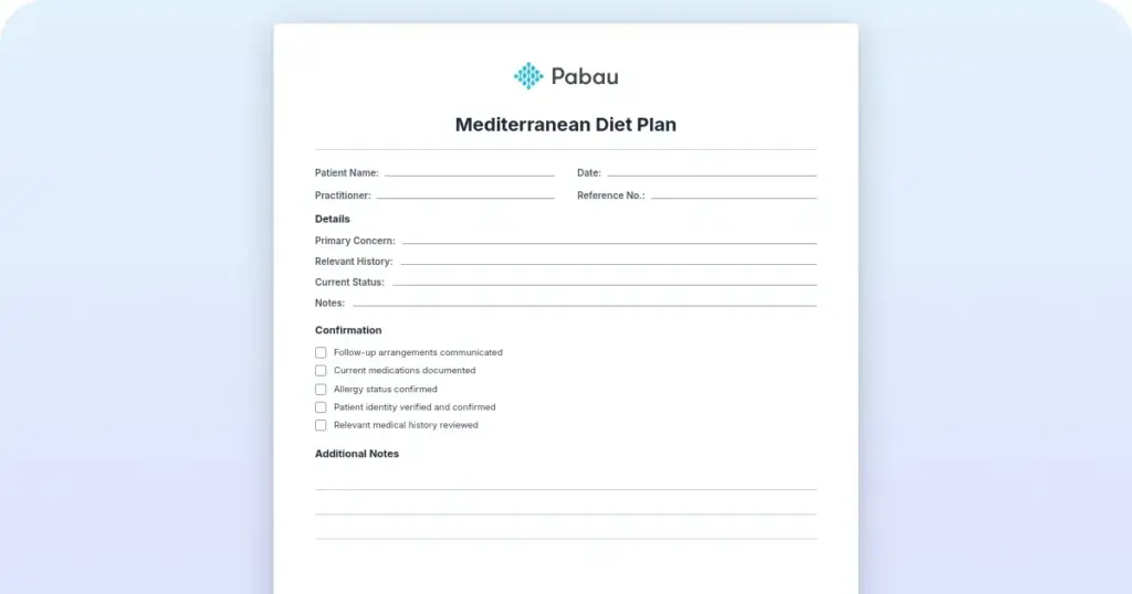 Pabau Mediterranean diet plan template: a downloadable two-page clinical form for documenting a patient diet plan