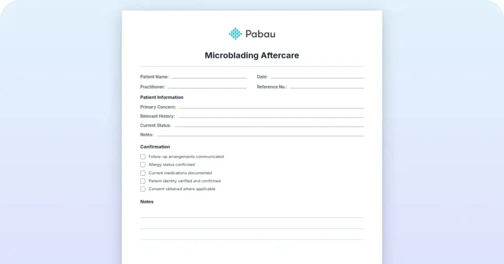 Microblading aftercare instructions: Free printable PDF template preview from Pabau
