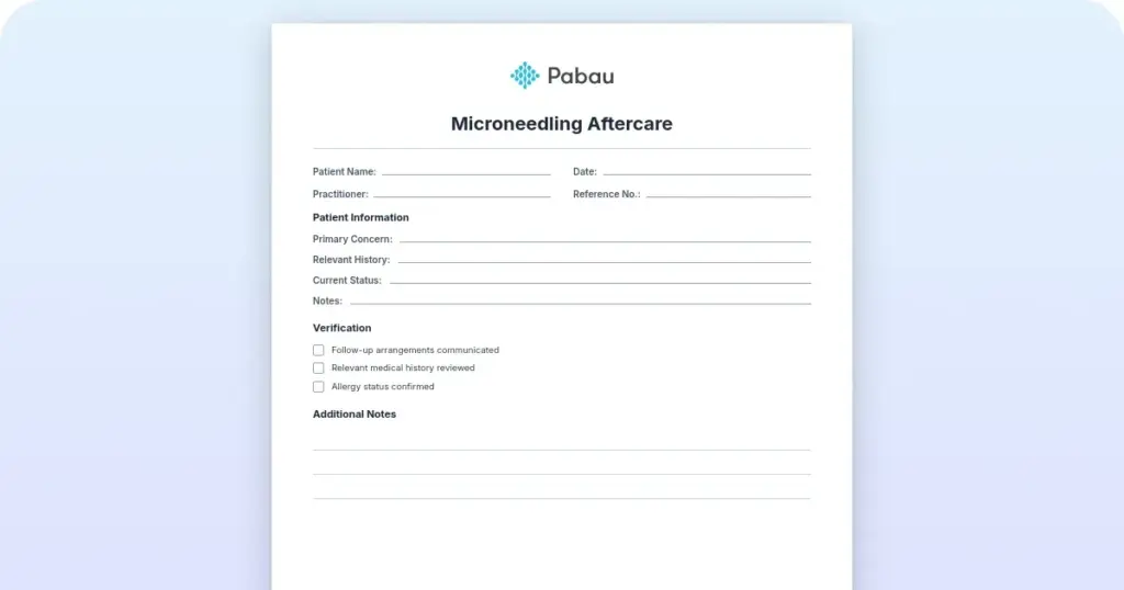 Microneedling aftercare template: day-by-day recovery guide preview from Pabau