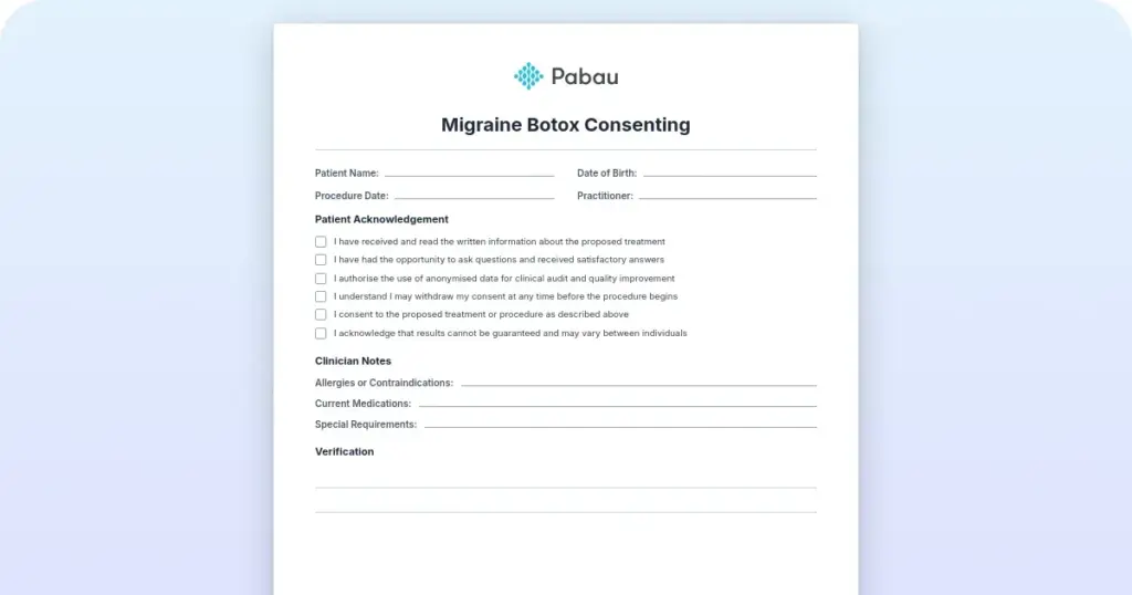 Migraine Botox consent form template preview from Pabau