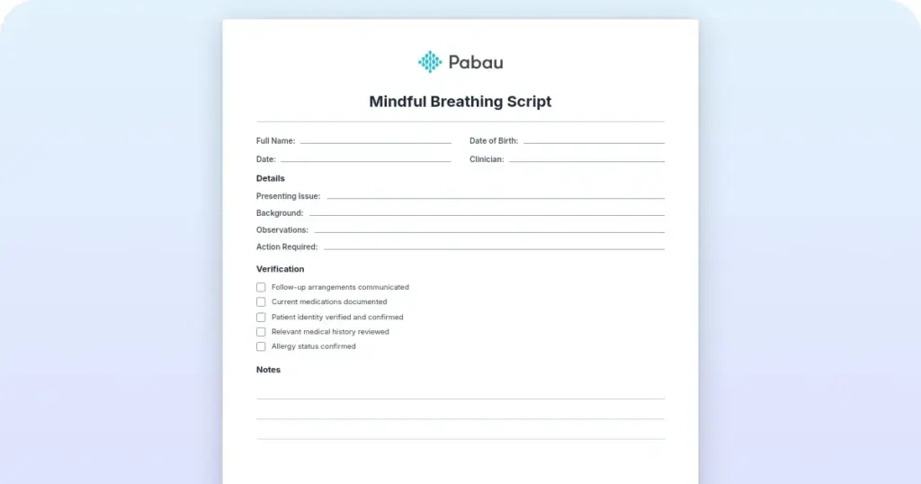 Mindful breathing script preview from Pabau