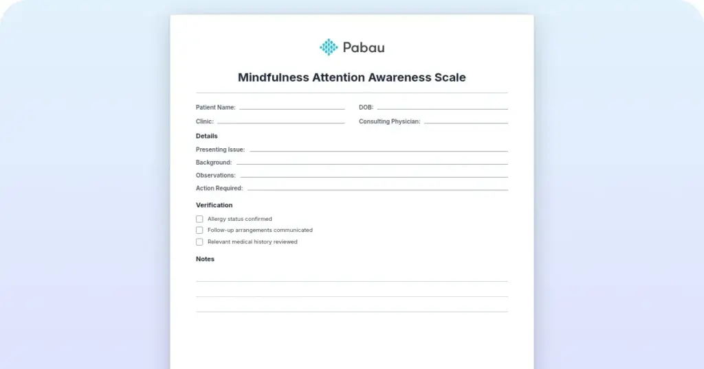 Cover of the Mindfulness Attention Awareness Scale downloadable clinical form template from Pabau, showing the 15-item MAAS response sheet