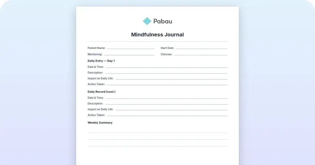 Mindfulness worksheet: Daily mindfulness journal preview from Pabau