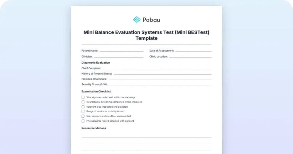 Mini Balance Evaluation Systems Test (Mini BESTest) Template preview from Pabau