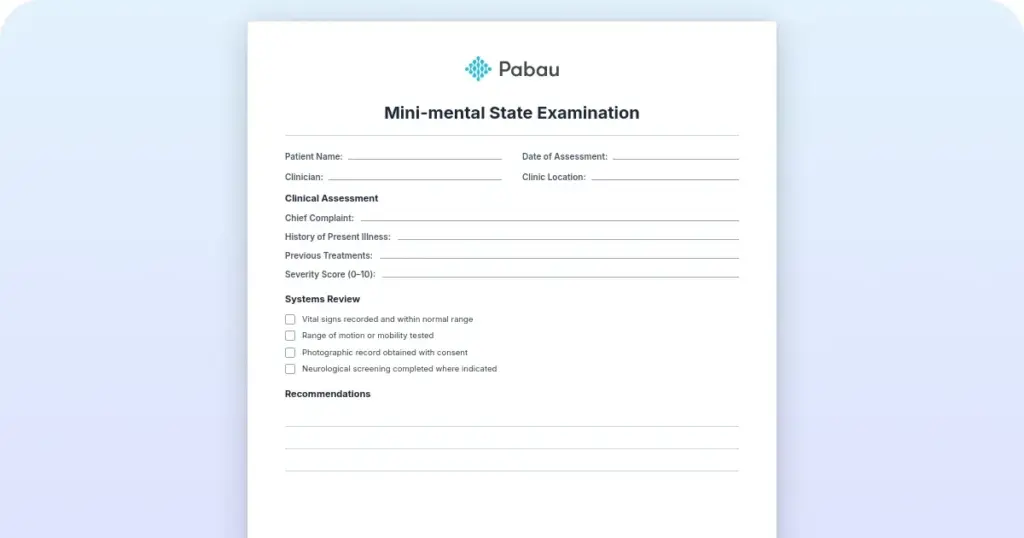 Mini-mental state examination (MMSE) template and scoring guide preview from Pabau