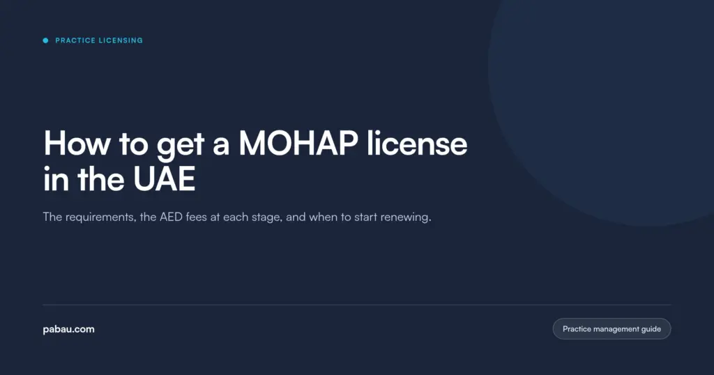 Pabau blog card: how to get a MOHAP license in the UAE, the requirements, the AED fees at each stage, and when to start renewing