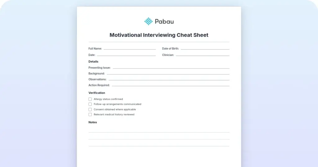 Motivational interviewing cheat sheet: OARS, PACE, and DARN-CAT preview from Pabau