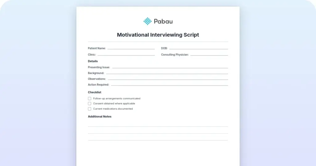 Motivational interviewing script: Free template and sample dialogue preview from Pabau