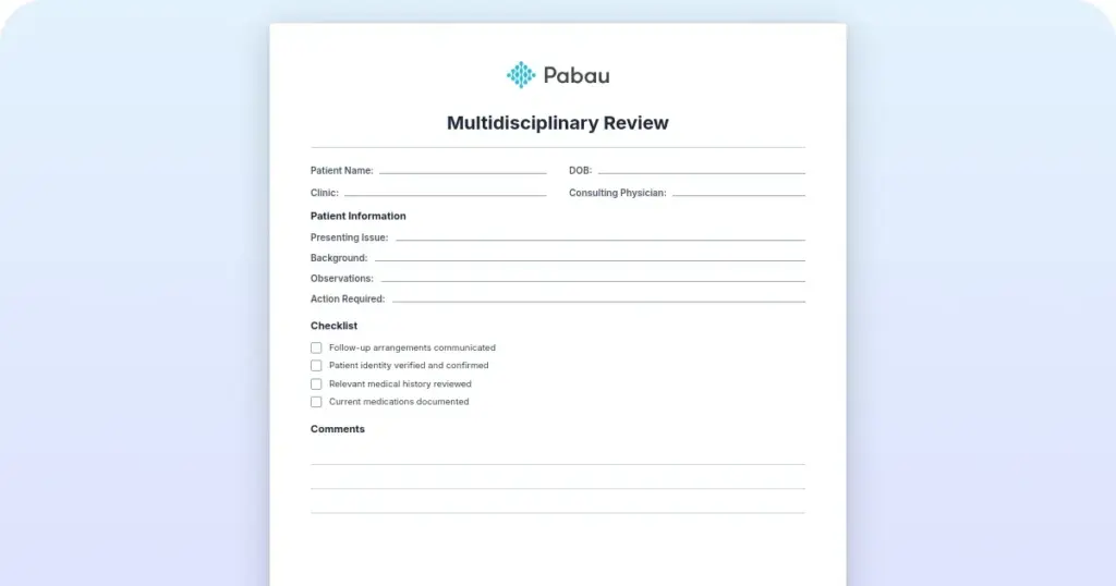 Multidisciplinary review template: Free download and meeting guide preview from Pabau