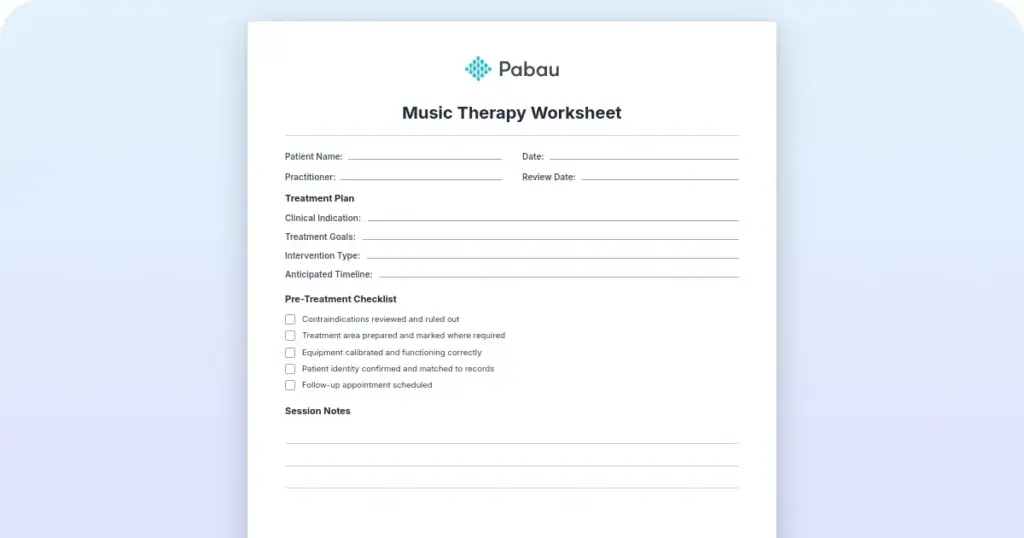 Music therapy worksheet preview from Pabau