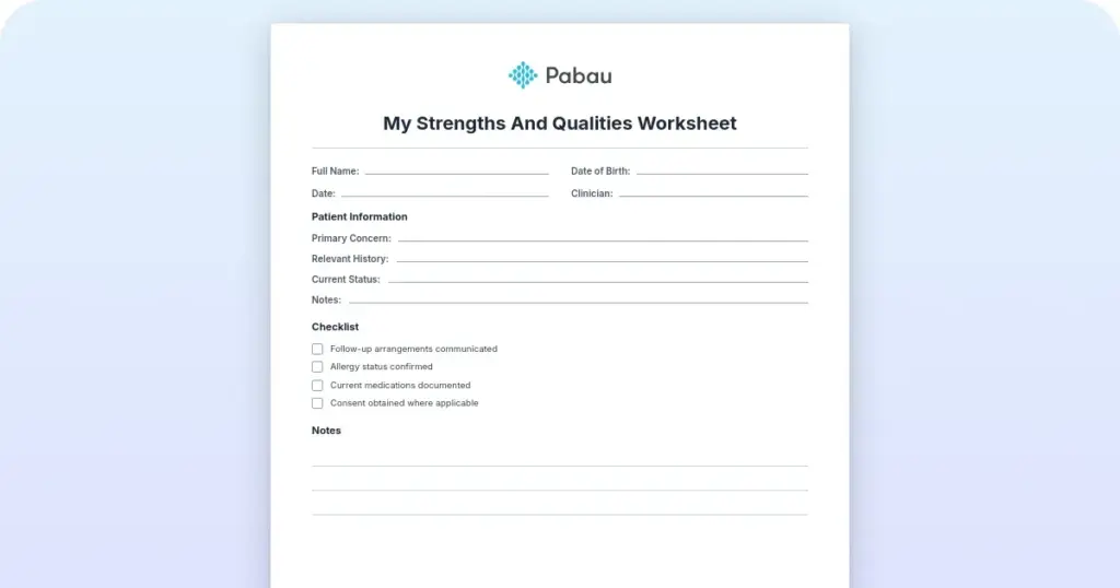 My strengths and qualities worksheet for therapy sessions preview from Pabau