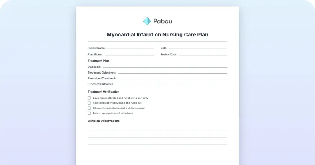 Myocardial infarction nursing care plan: NANDA diagnoses and interventions preview from Pabau