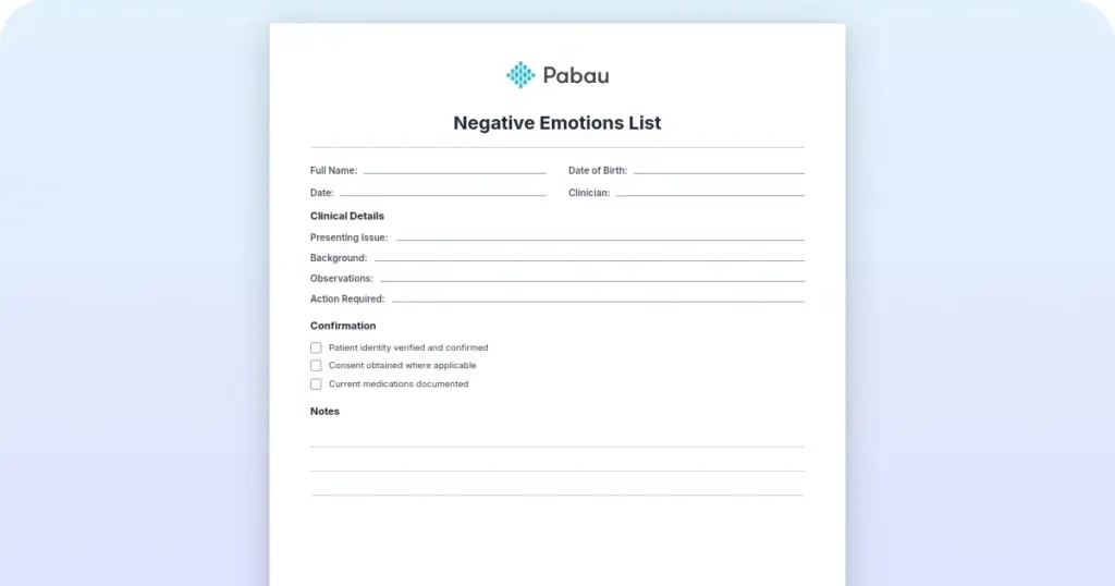 Negative emotions list: 210 words for clinical use preview from Pabau