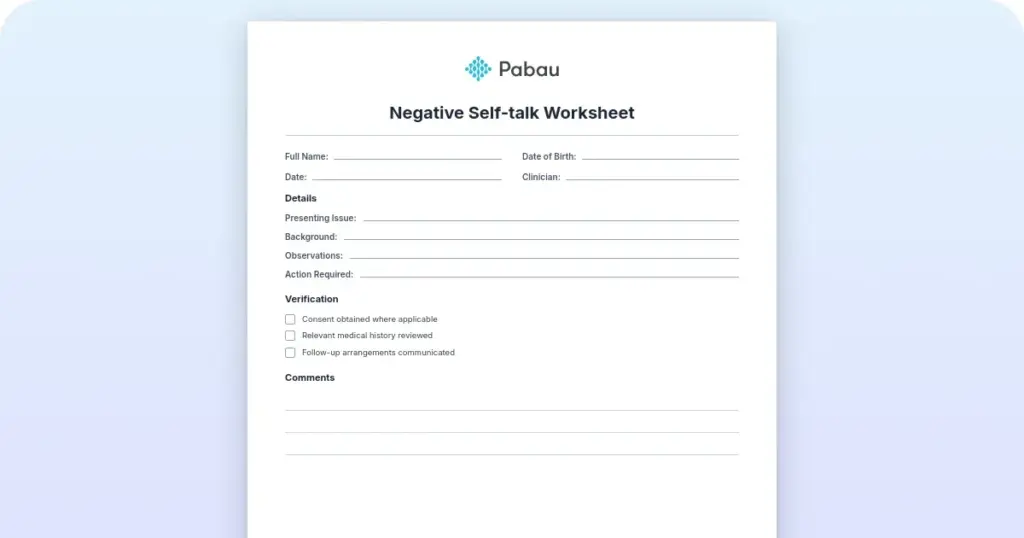 Negative self-talk worksheet preview from Pabau