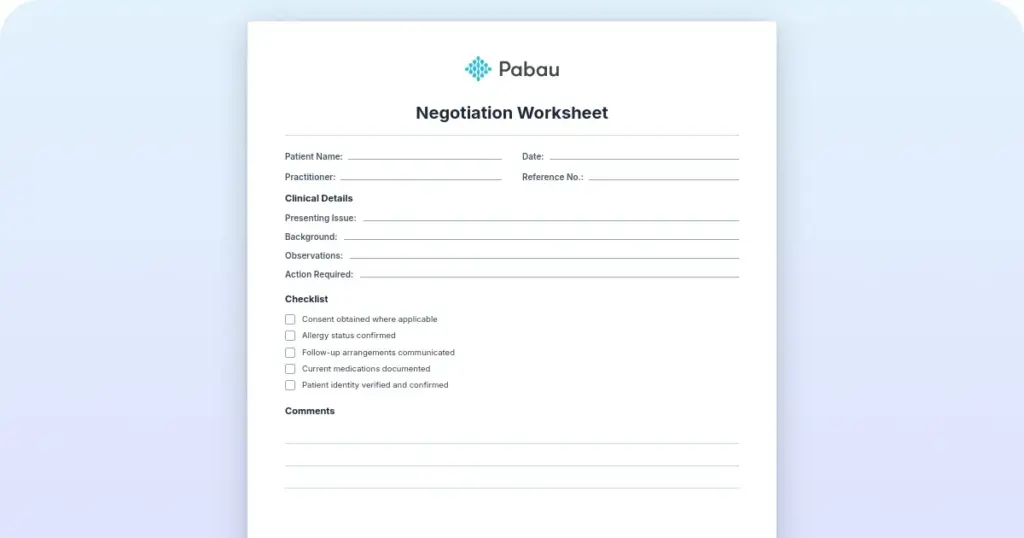 Negotiation worksheet preview from Pabau
