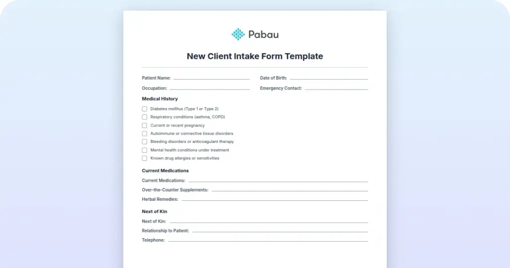New Client Intake Form Template preview from Pabau