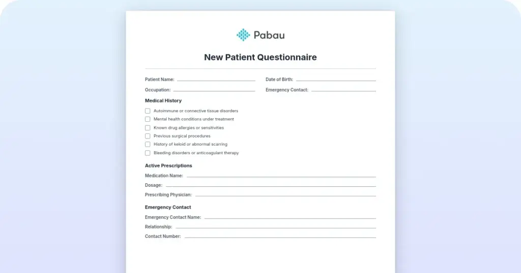 New patient questionnaire template (free PDF download) preview from Pabau