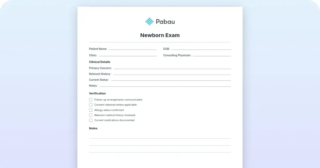 Newborn exam template: Free downloadable checklist preview from Pabau