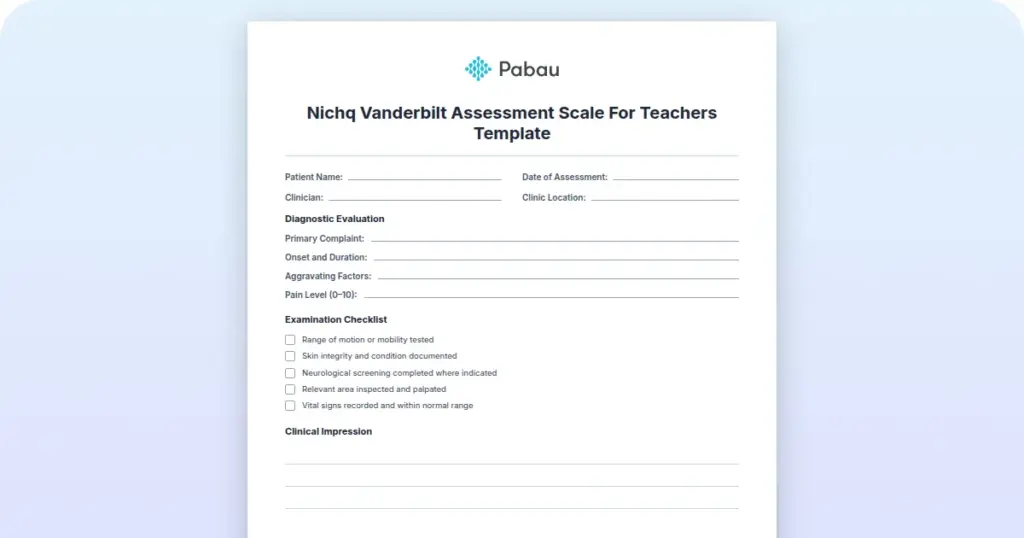 Nichq Vanderbilt Assessment Scale For Teachers Template preview from Pabau
