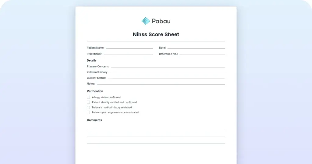 NIHSS Score Sheet Template preview from Pabau