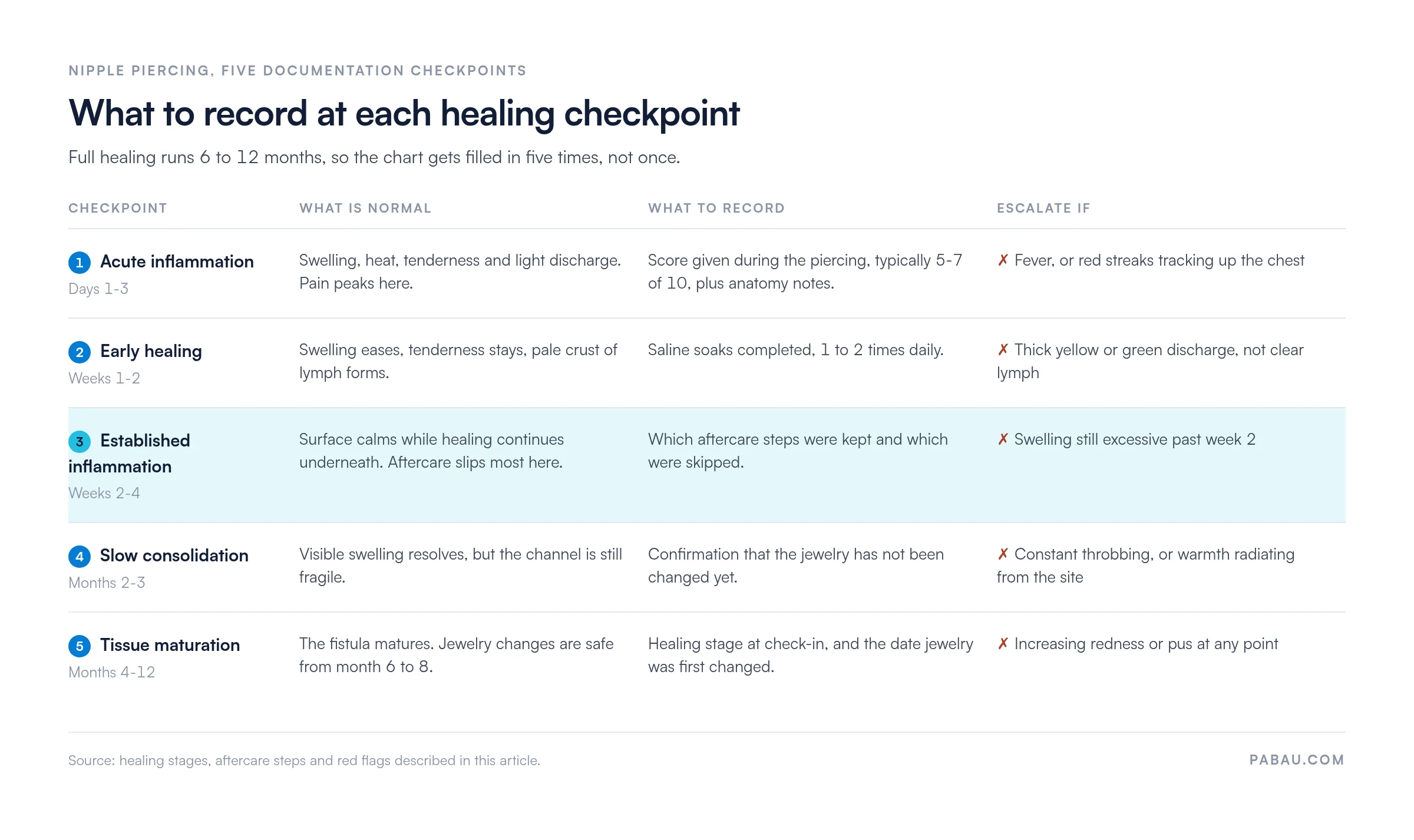 Table of five nipple piercing healing checkpoints.