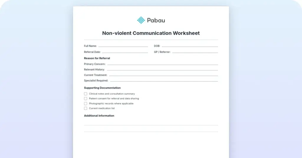 Non-violent communication worksheet preview from Pabau