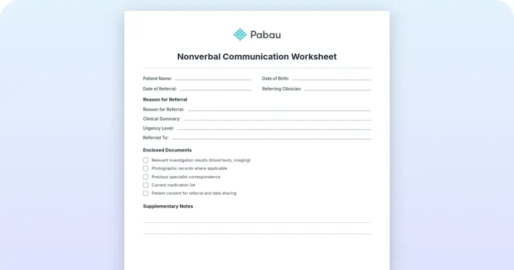 Nonverbal communication worksheet preview from Pabau