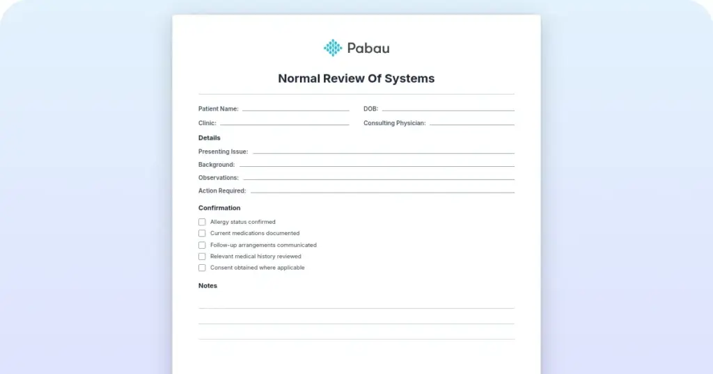 Normal review of systems: Free 14-system template preview from Pabau
