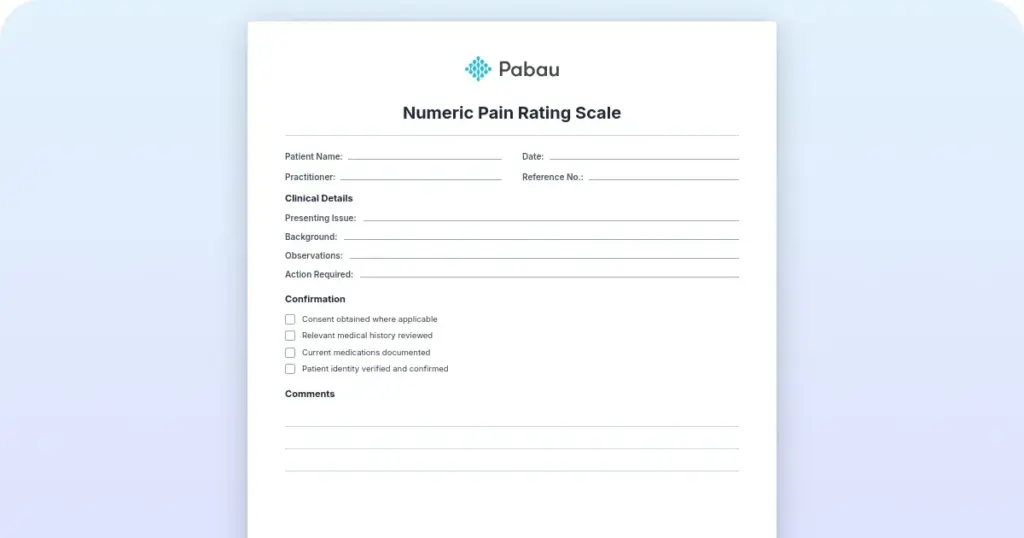 Numeric pain rating scale preview from Pabau