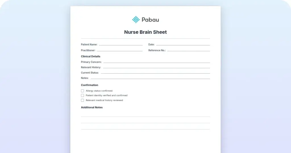 Nurse brain sheet: Free printable template preview from Pabau
