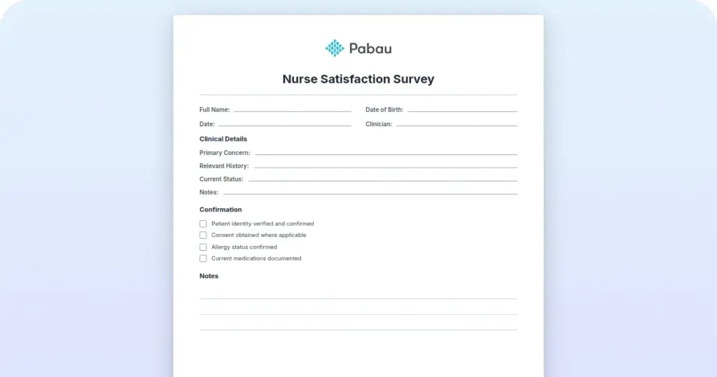 Nurse satisfaction survey: Free template and question bank preview from Pabau