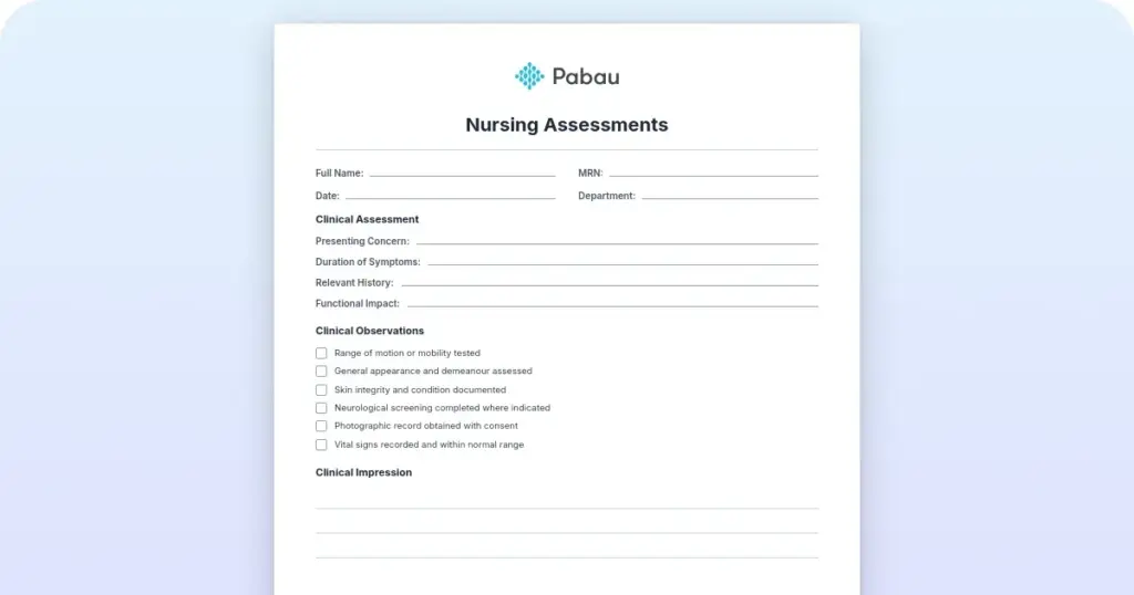 Nursing Assessments Template preview from Pabau
