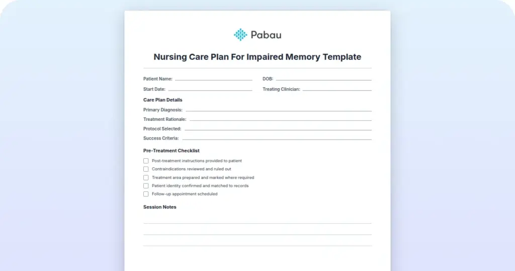 Nursing Care Plan For Impaired Memory Template preview from Pabau