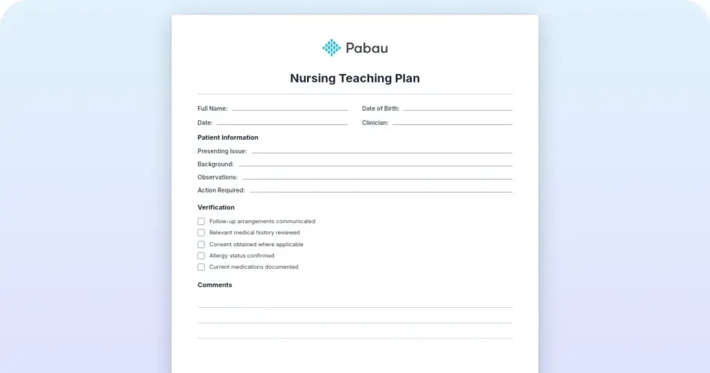 Nursing teaching plan template and example preview from Pabau