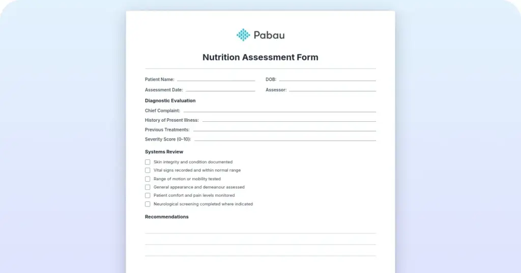 Nutrition assessment form preview from Pabau