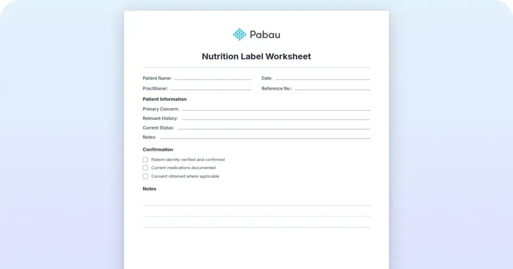 Nutrition label worksheet preview from Pabau