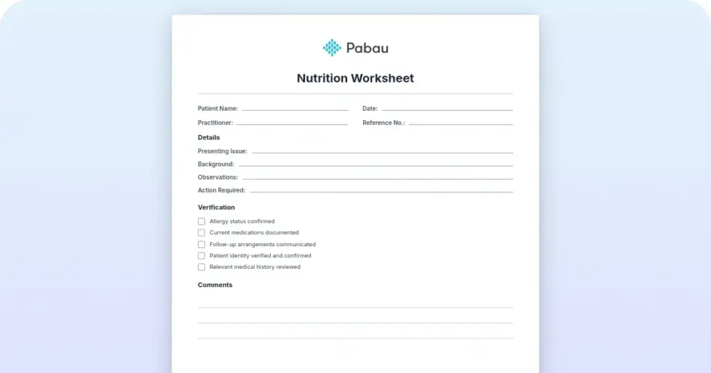 Nutrition worksheet: Free PDF template for clinicians and patients preview from Pabau