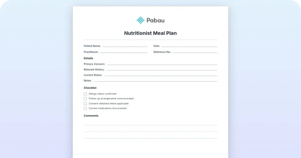 Nutritionist meal plan template and 7-day example preview from Pabau