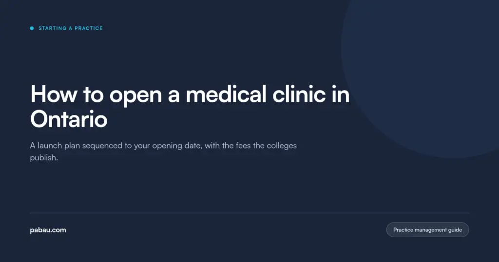 Pabau blog card: how to open a medical clinic in Ontario, a launch plan sequenced to your opening date