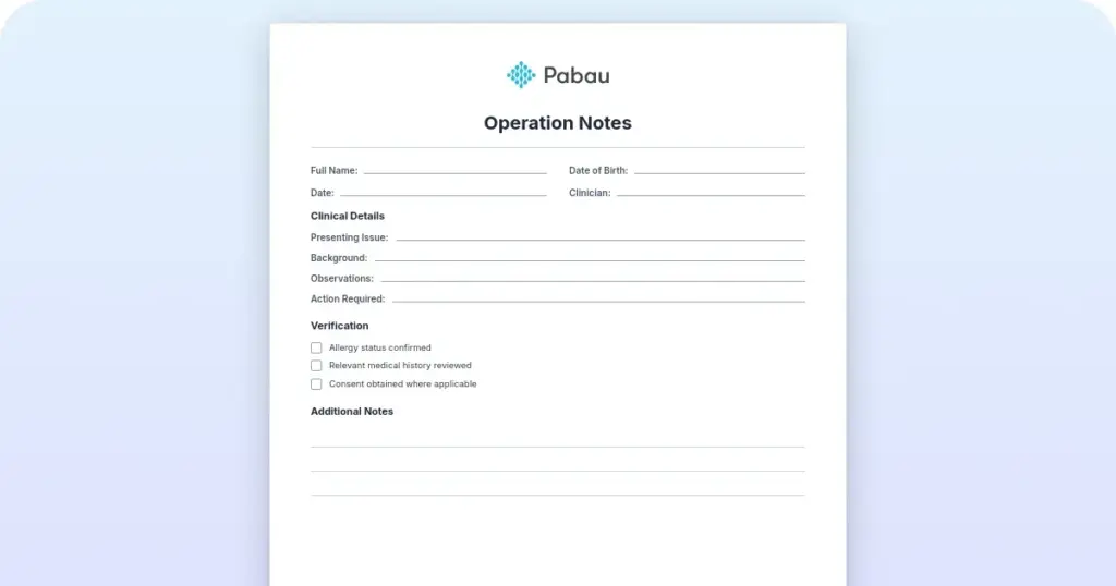 Operation notes: Free template for minor procedures preview from Pabau