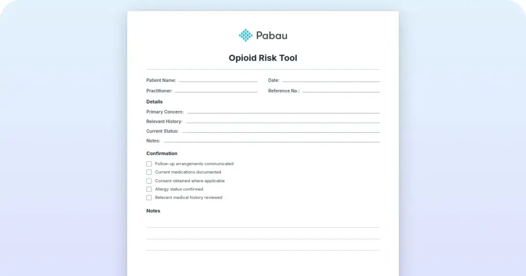 Opioid risk tool (ORT): scoring guide and free template preview from Pabau