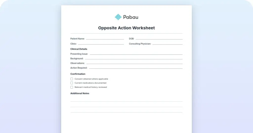 Opposite action worksheet preview from Pabau