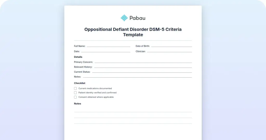 Oppositional Defiant Disorder DSM-5 Criteria Template preview from Pabau