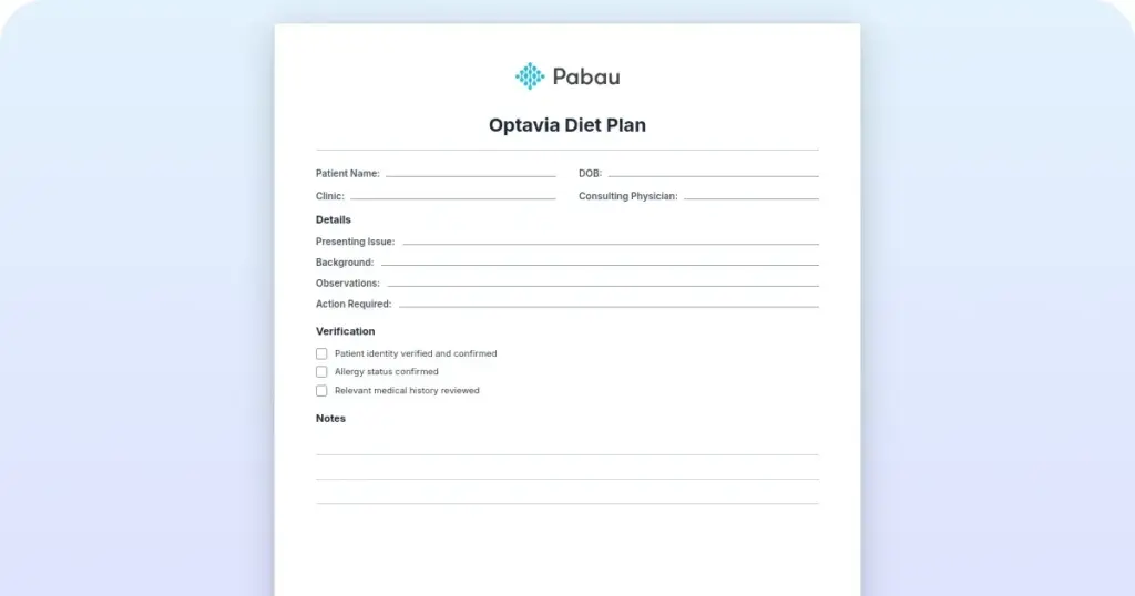 OPTAVIA diet plan preview from Pabau